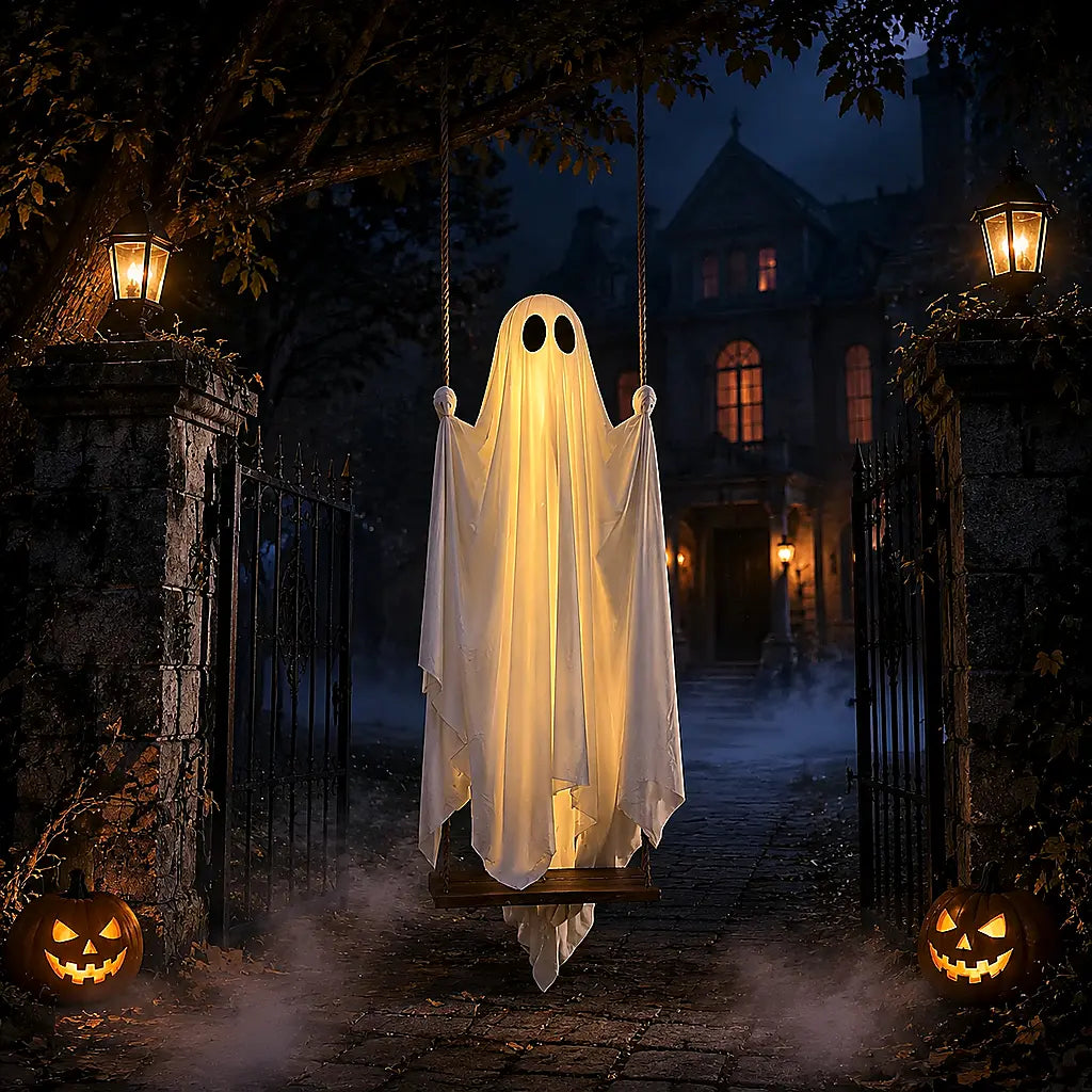 Outdoor illuminated ghost swing Halloween decoration