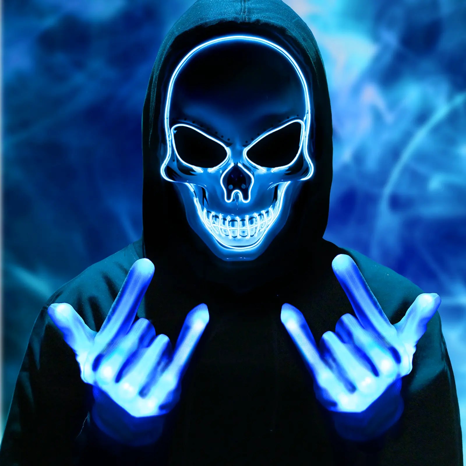 Blue Halloween LED skull mask glowing at night