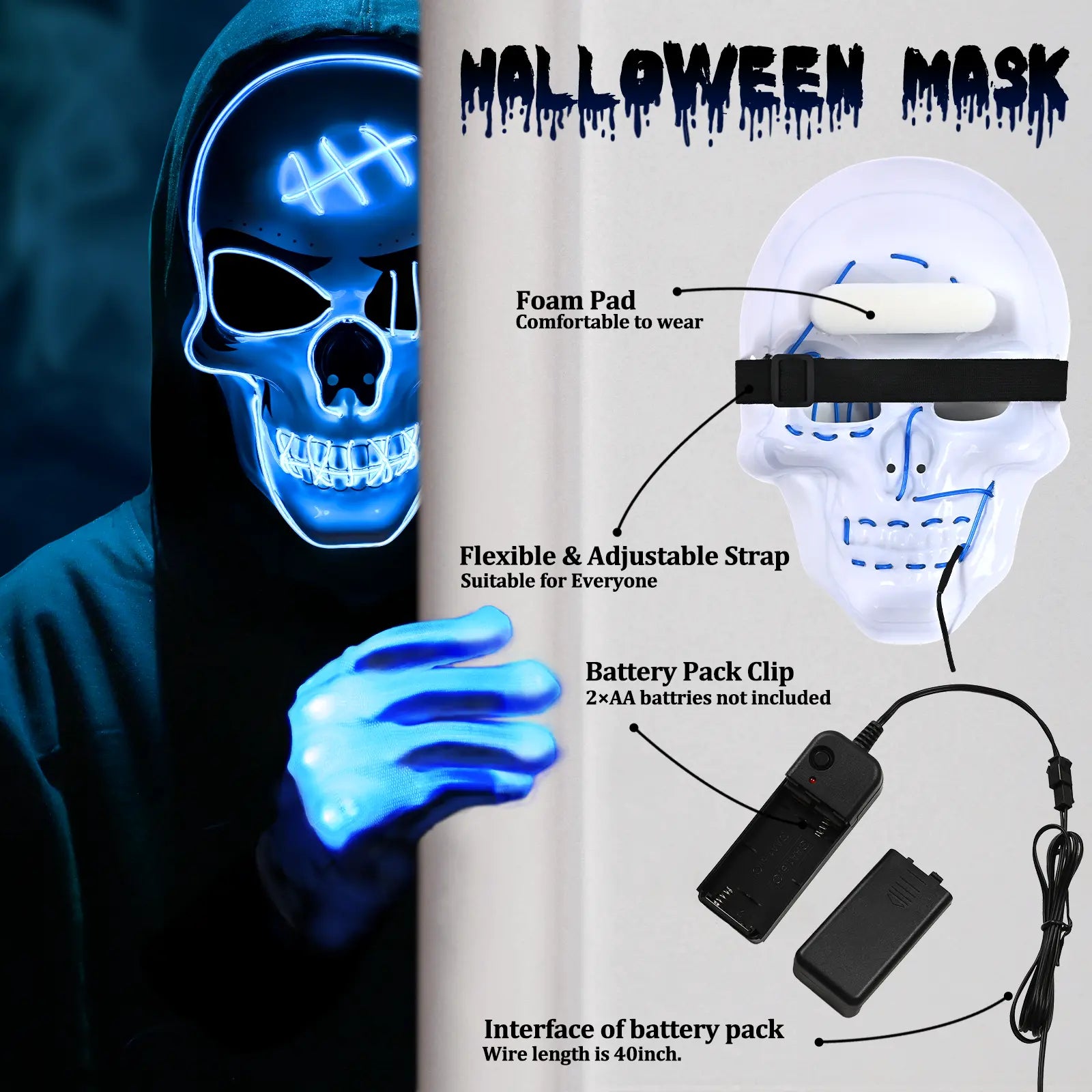 Halloween LED mask adjustable strap foam pad and battery pack