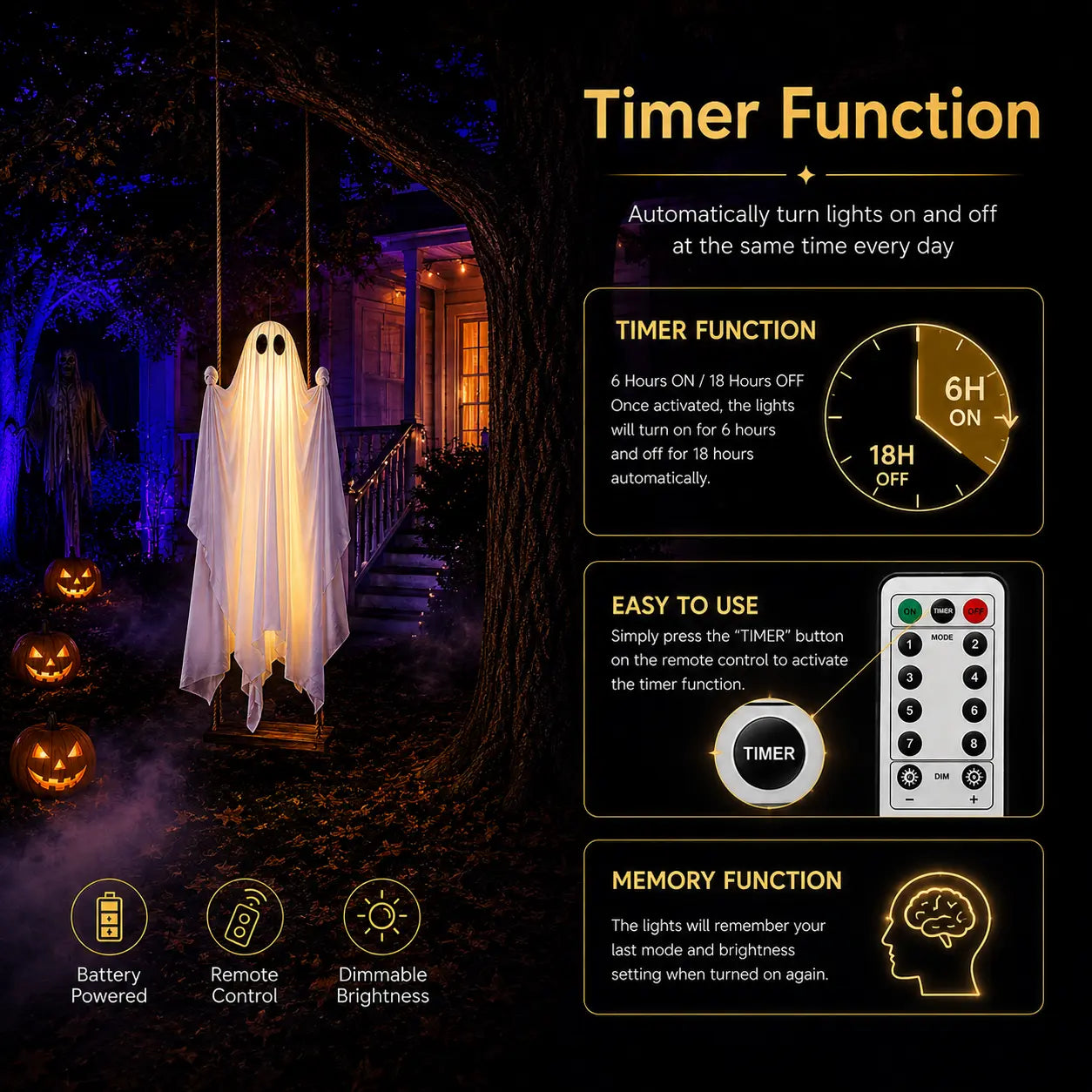 Halloween ghost swing remote control timer and dimming functions