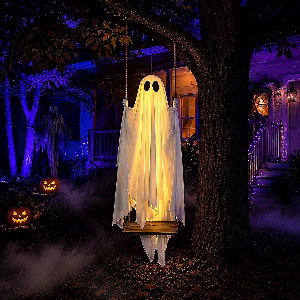 Glowing Halloween ghost swing hanging from tree